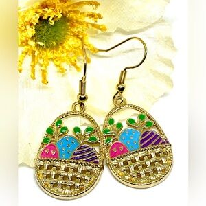 Woven Easter Basket with Blue Purple Pink Enamel Eggs and Green Leaves Earrings